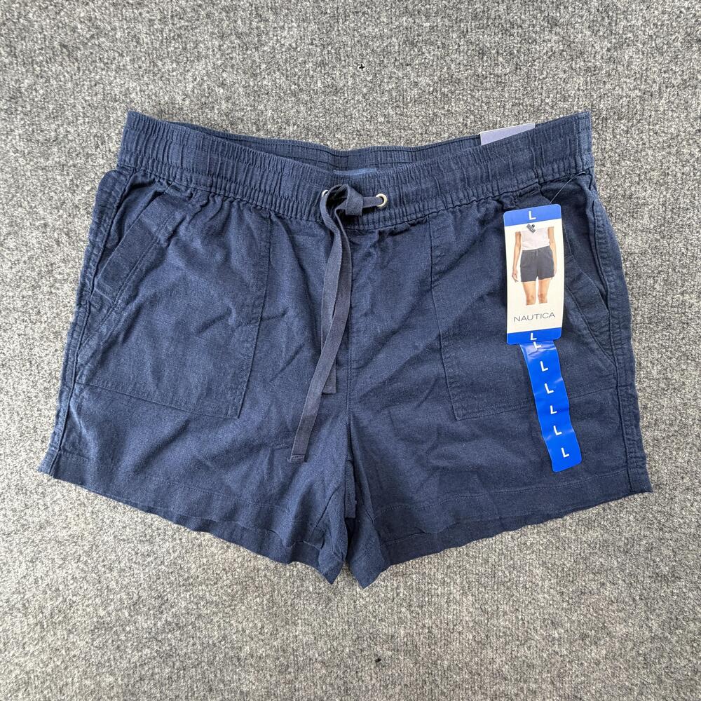 Nautica Shorts Womens Large Blue Linen Blend Drawstring Elastic Waist 4.5 Inseam